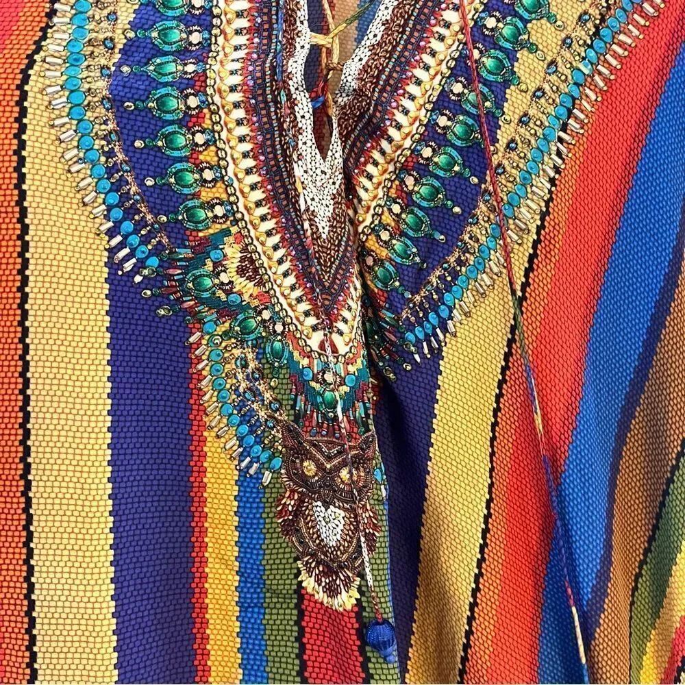 Shahida Parides Embellished 100% Silk Kaftan Multicolor Stripe Nwt — image 5 of 8